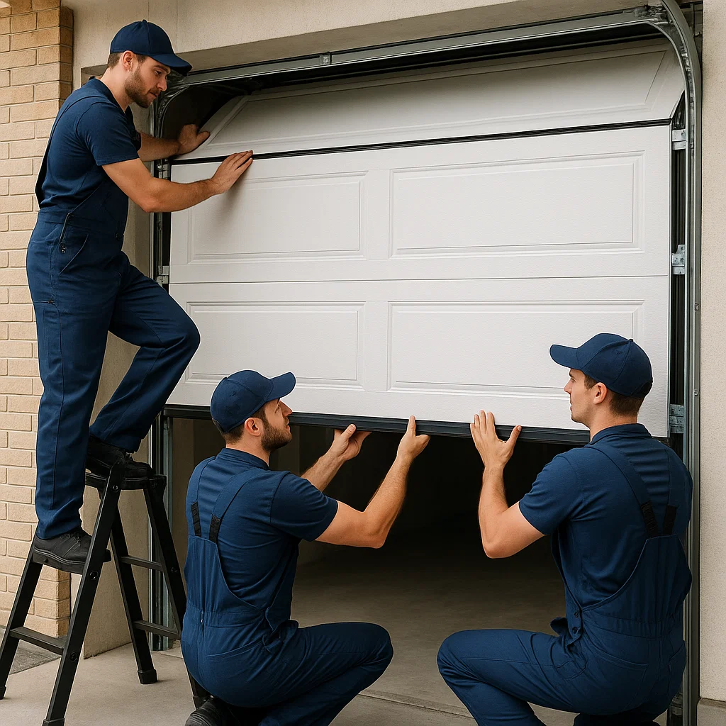 Professional team installing a garage door